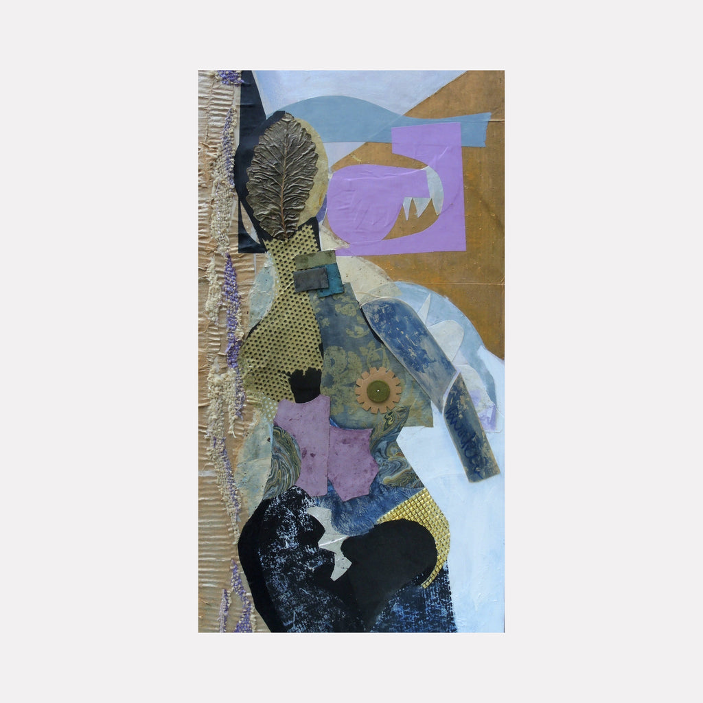 Desire to Transcend by Mona Dworkin presents an abstract figure composed of layered textures and geometric shapes in muted golds, purples, blues, and blacks, blending collage and painted elements to evoke a thoughtful, modern expression in contemporary art.