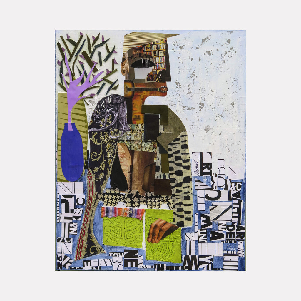 Houndstooth Blues by Mona Dworkin combines collage and abstract geometric forms with varied textures and contrasting patterns in muted greens, purples, and blues, creating a complex composition that blends human and organic shapes within an artful, modern arrangement.