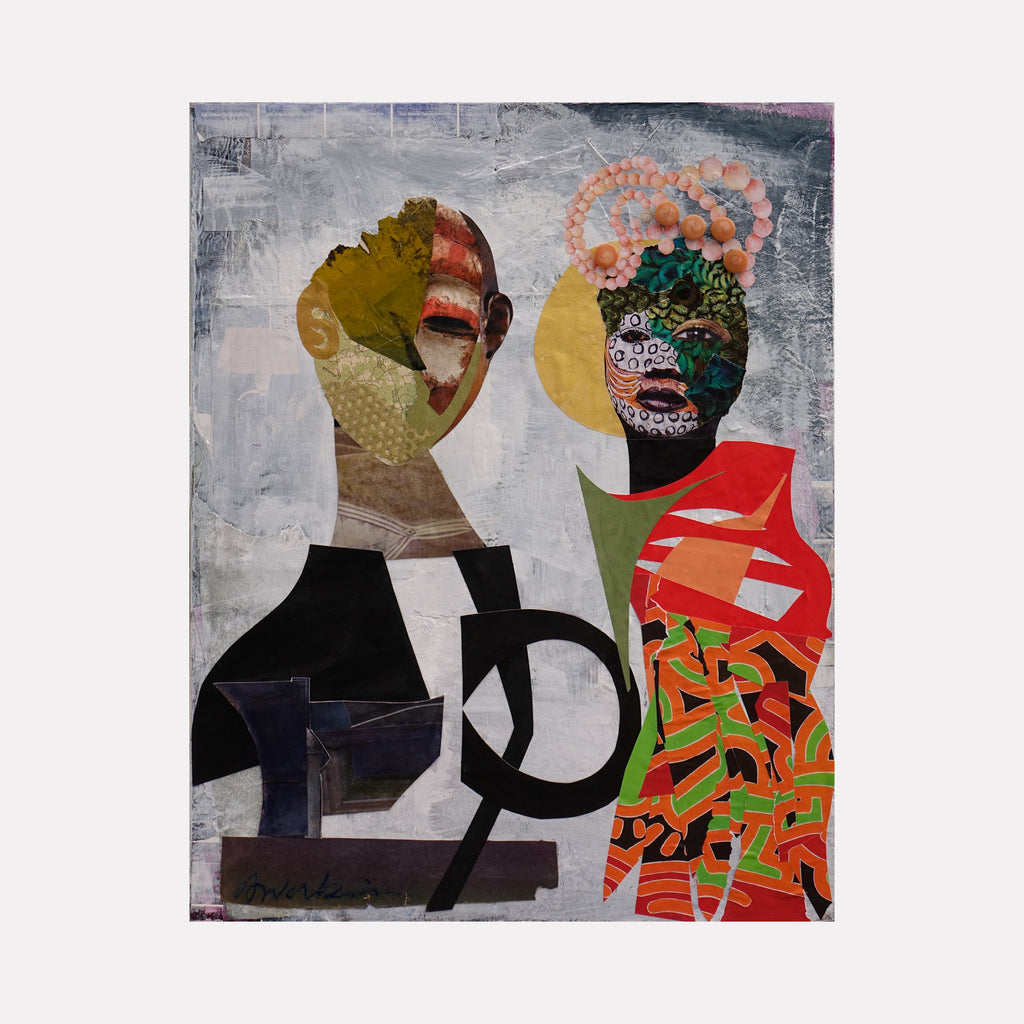 Like Fire and Water by Mona Dworkin features two abstract figures with intricate collage textures and overlapping geometric shapes, blending earthy greens, warm reds, and muted neutrals, creating a vibrant, dynamic contrast that evokes a dialogue in contemporary art.
