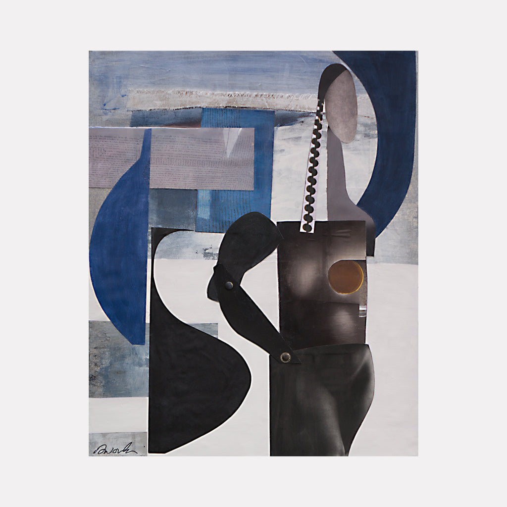 Rhapsody in Bleu by Mona Dworkin features a stylized abstract figure composed of layered shapes and textured collage in shades of blue, black, and gray, blending geometric and organic forms to create a contemplative and modern composition in contemporary art.