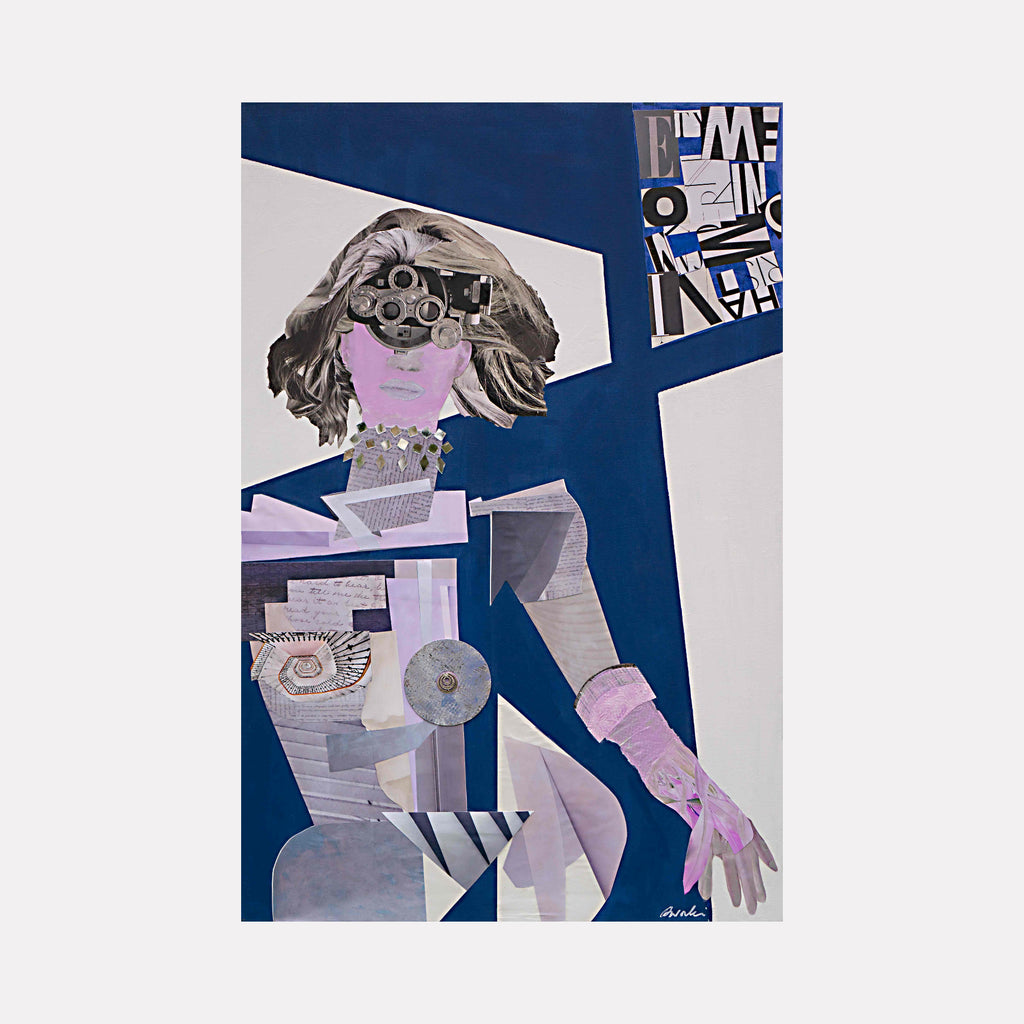 Whiskey a Go-go by Mona Dworkin features an abstract figure composed of geometric shapes and collage elements in muted purples, grays, and blues, set against a bold deep blue and white background, blending modern abstraction with a playful, surreal edge in contemporary art.