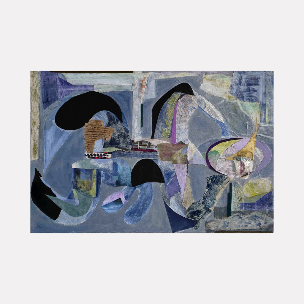 Cherchez LA Femme by Mona Dworkin is an abstract art piece blending muted blues, purples, and grays with textured layers, geometric shapes, and collage elements, creating a contemplative composition with dynamic contrasts and subtle organic forms.