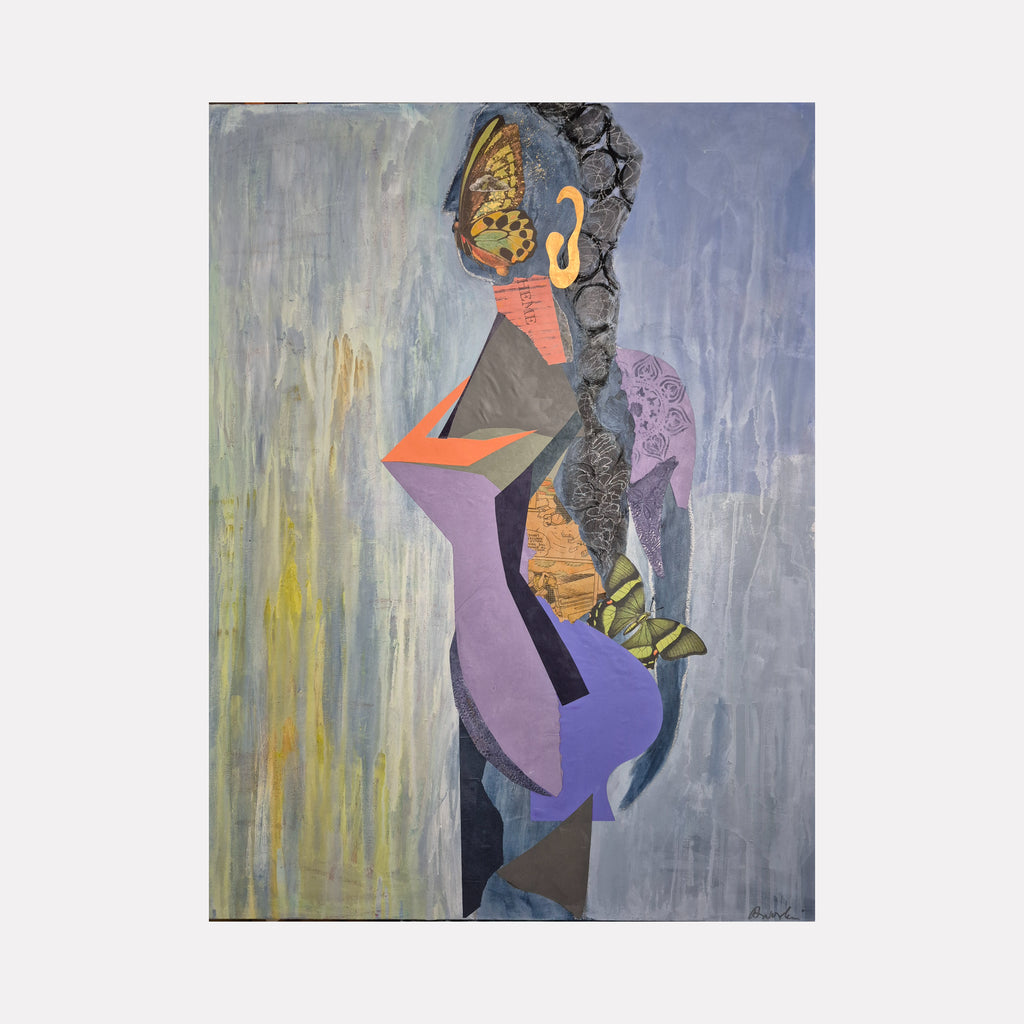 Butterfly by Mona Dworkin depicts a stylized abstract figure with geometric shapes in muted purples, oranges, and yellows, incorporating butterfly motifs and textured elements against a softly blended gray and blue background, creating a contemplative and layered art piece.