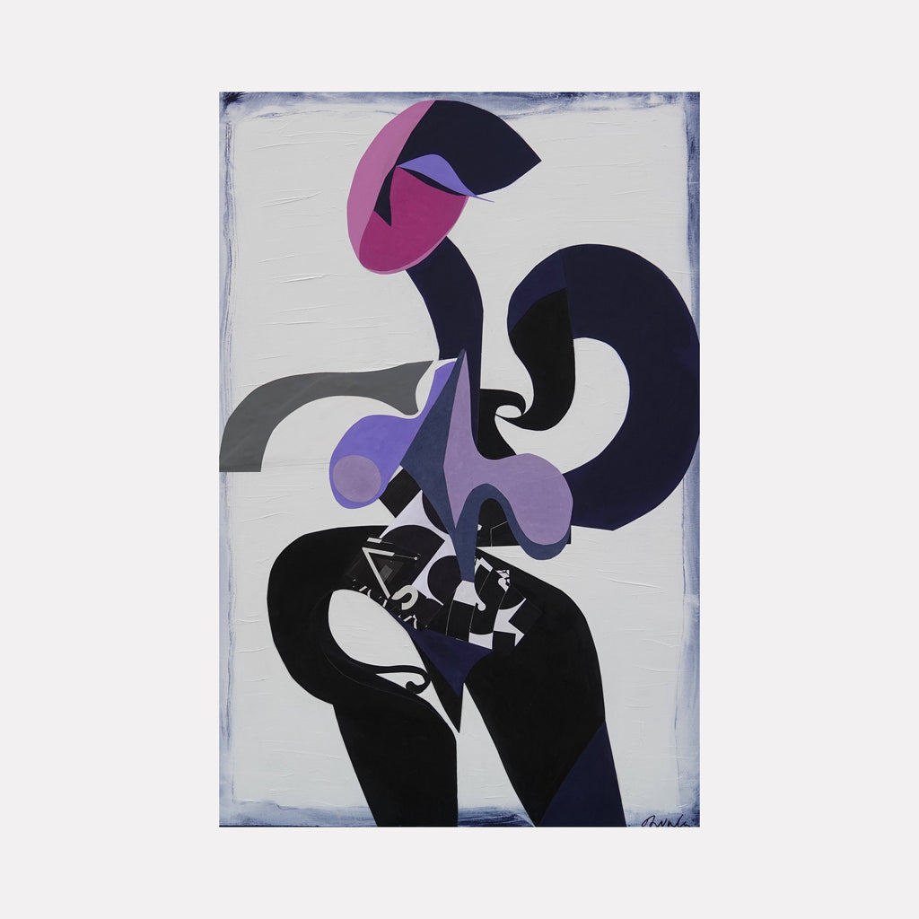 Josephine by Mona Dworkin presents an abstract form with flowing shapes in black, purple, and lavender tones against a textured light background, creating a striking, modern composition full of movement and depth in contemporary art.