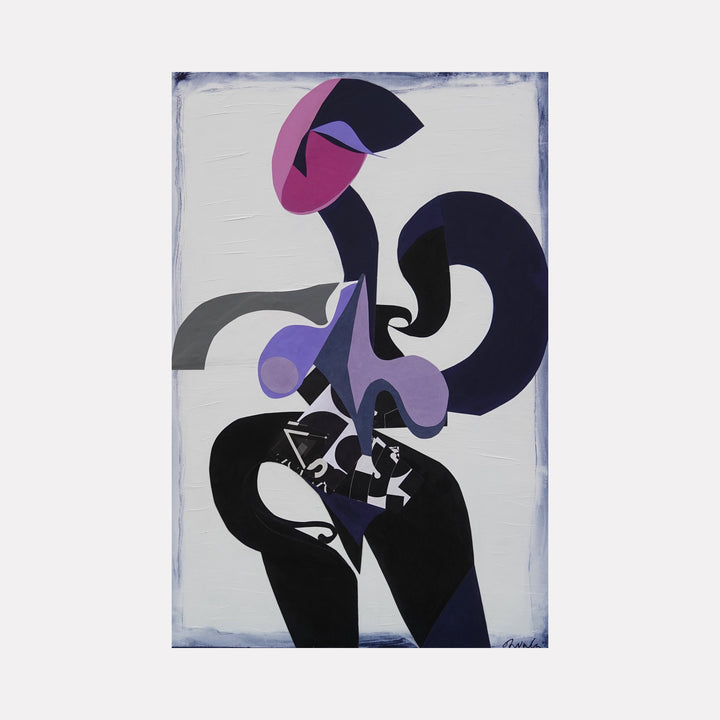Josephine by Mona Dworkin presents an abstract form with flowing shapes in black, purple, and lavender tones against a textured light background, creating a striking, modern composition full of movement and depth in contemporary art.