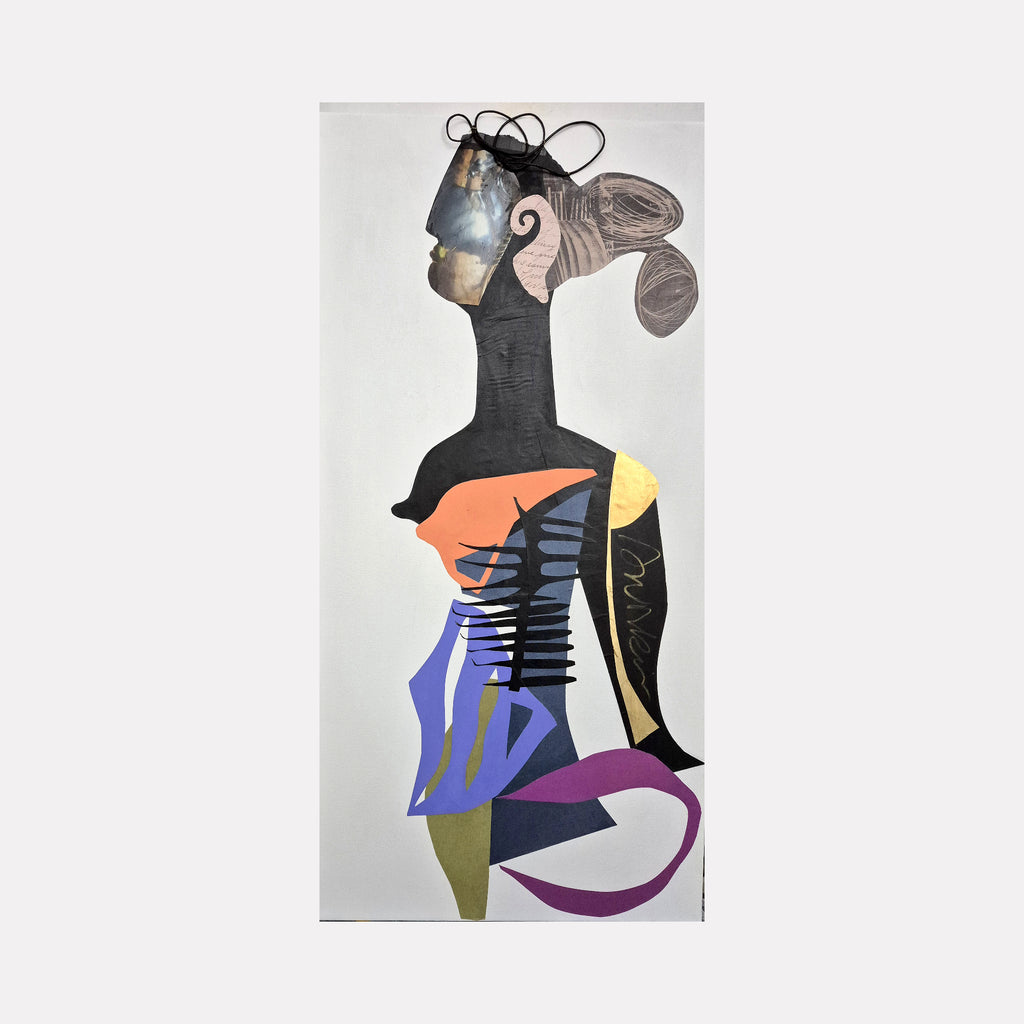 On the Cusp by Mona Dworkin depicts an abstract female profile blending collage and bold shapes in muted browns, purples, blues, and oranges, combining textured patterns and flowing lines to evoke a modern, contemplative figure in contemporary art.