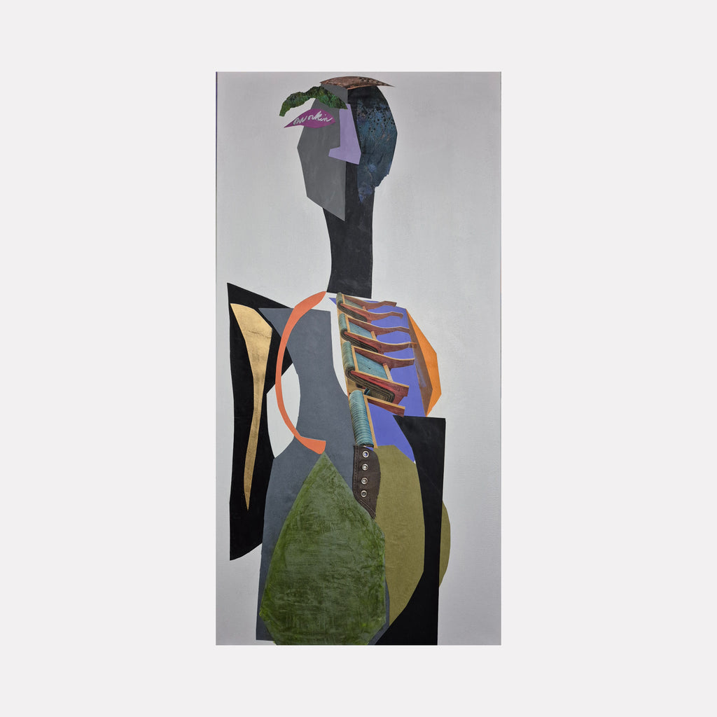 On the Cusp 2 by Mona Dworkin presents an abstract figure composed of layered geometric shapes in muted greens, blues, oranges, and blacks against a soft gray background, blending textured and smooth surfaces to create a striking modern art composition.