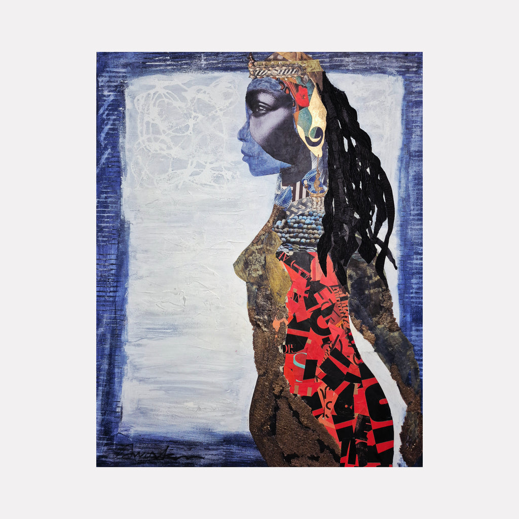 Step Into Your Power by Mona Dworkin depicts a regal female figure in profile, composed of layered collage elements and textured brushwork, combining deep blues, rich reds, and earthy tones to create a powerful and introspective contemporary art piece.