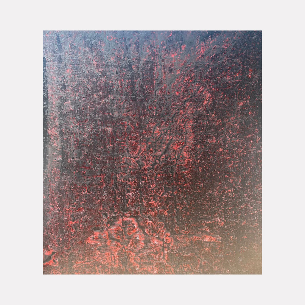 The artwork "#205" by Nathan Aufrichtig features a richly textured abstract composition with deep blacks and vibrant orange-red accents. The layered surface reveals organic, almost volcanic patterns, evoking the atmospheric intensity and tactile depth reminiscent of works by Mark Rothko and Anselm Kiefer.