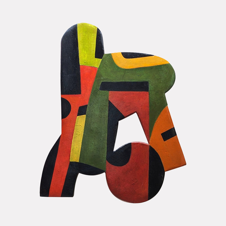 #21 by David Wellner presents an abstract sculptural piece combining bold geometric shapes in vibrant shades of green, red, orange, mustard yellow, and black. The textured surface and dynamic interplay of curved and angular forms create a striking modern composition with a rich, tactile presence.