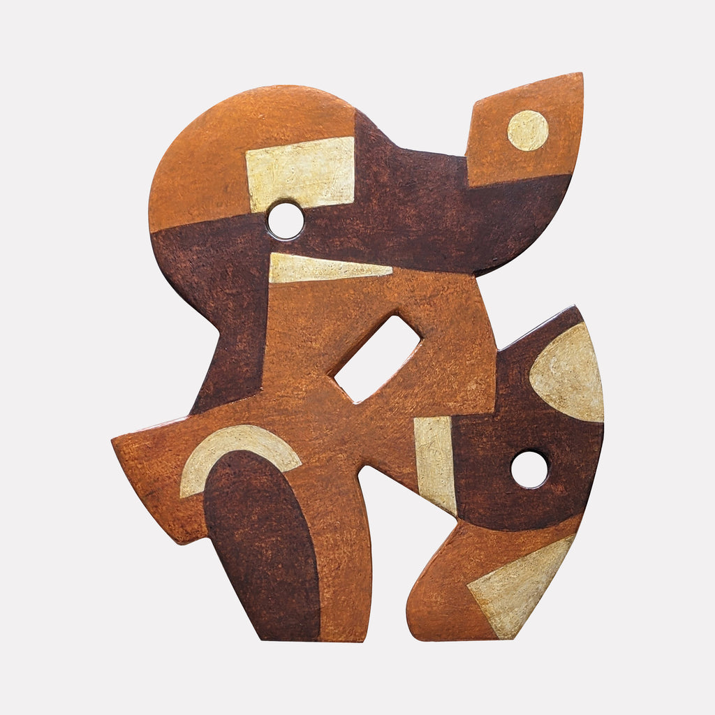 #23 by David Wellner presents an abstract sculptural form characterized by interlocking shapes in warm earthy tones of burnt sienna, deep brown, and muted beige. The piece features geometric cutouts and textured surfaces, blending angular and curved elements to create a balanced, modern composition with organic warmth.