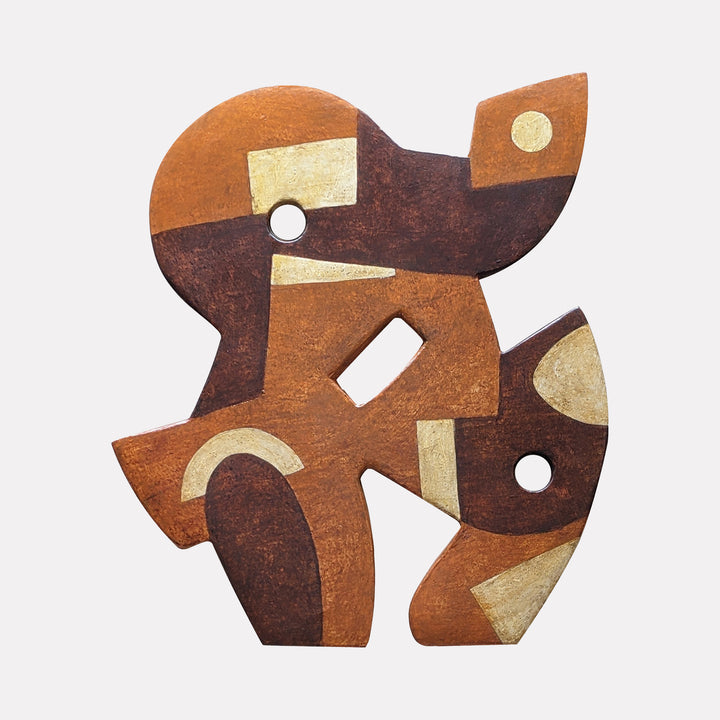 #23 by David Wellner presents an abstract sculptural form characterized by interlocking shapes in warm earthy tones of burnt sienna, deep brown, and muted beige. The piece features geometric cutouts and textured surfaces, blending angular and curved elements to create a balanced, modern composition with organic warmth.