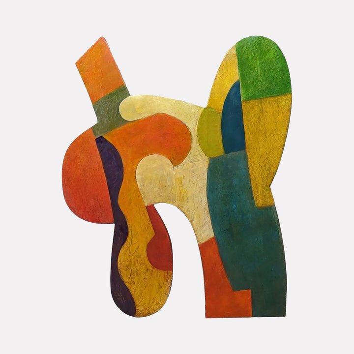 #25 by David Wellner showcases a sculptural, abstract form with interconnected, curvilinear shapes in vibrant colors of orange, green, blue, yellow, and red. The textured surface and layered composition convey a lively interplay of organic and geometric influences, reflecting a modern and distinctive artistic vision.