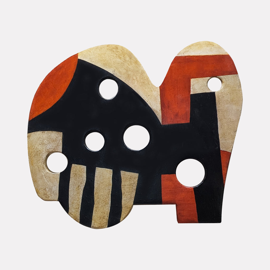 #26 by David Wellner features an abstract sculptural form with bold cutouts and a textured surface. The composition blends deep black with warm earthy tones of burnt orange and beige, balancing curved and angular shapes to create a modern, dynamic interplay of color and geometric elements.