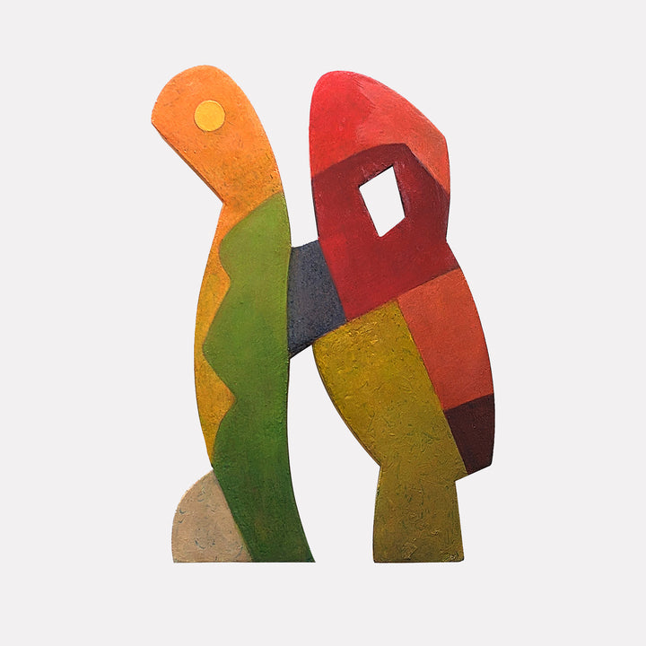 #27 by David Wellner reveals an abstract, organic silhouette with interlocking curved forms in warm orange, red, green, and muted yellow tones. The textured surface and subtle shading evoke a playful yet balanced composition, blending geometric and natural elements in a distinctive modern expression.
