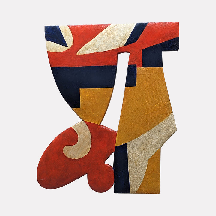 #3 by David Wellner presents a bold, abstract composition with geometric shapes in deep red, navy blue, gold, and beige tones. The textured surface and dynamic arrangement of forms create a striking modernist effect, evoking a sense of balance and visual rhythm through contrasting colors and layered planes.