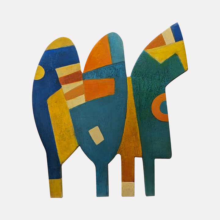 #6 by David Wellner displays an abstract, organic form composed of interlocking shapes in rich shades of blue, teal, orange, yellow, and beige. The composition balances curved and angular elements with textured surfaces, evoking a sculptural, modern aesthetic that blends vibrant color with dynamic geometric patterns.