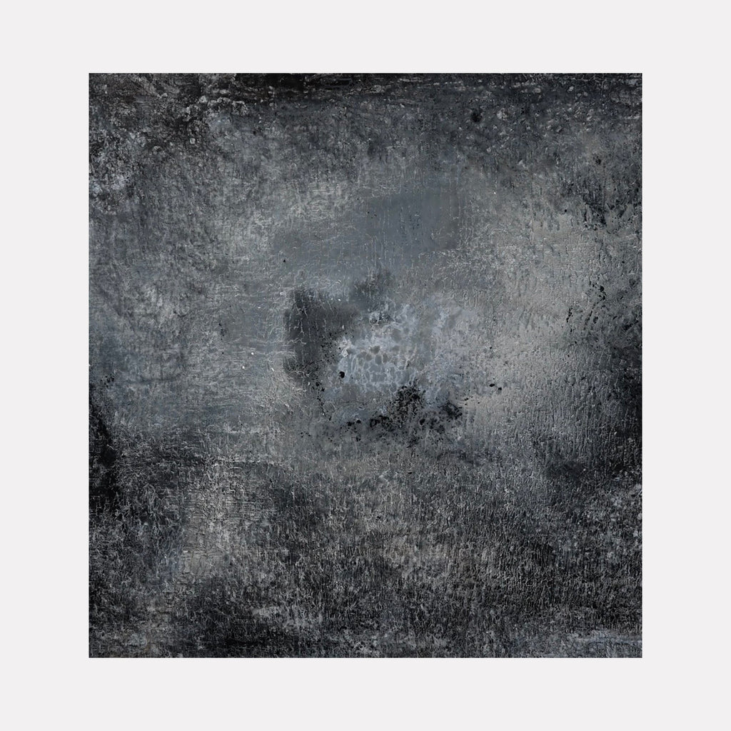 The artwork "#94" by Nathan Aufrichtig features a textured abstract landscape in muted black and gray tones, with subtle gradients creating depth and atmospheric effects. The layered, rough surface evokes a moody, introspective feeling reminiscent of Gerhard Richter’s abstract works and the minimalist textures found in Mark Rothko’s darker color fields.