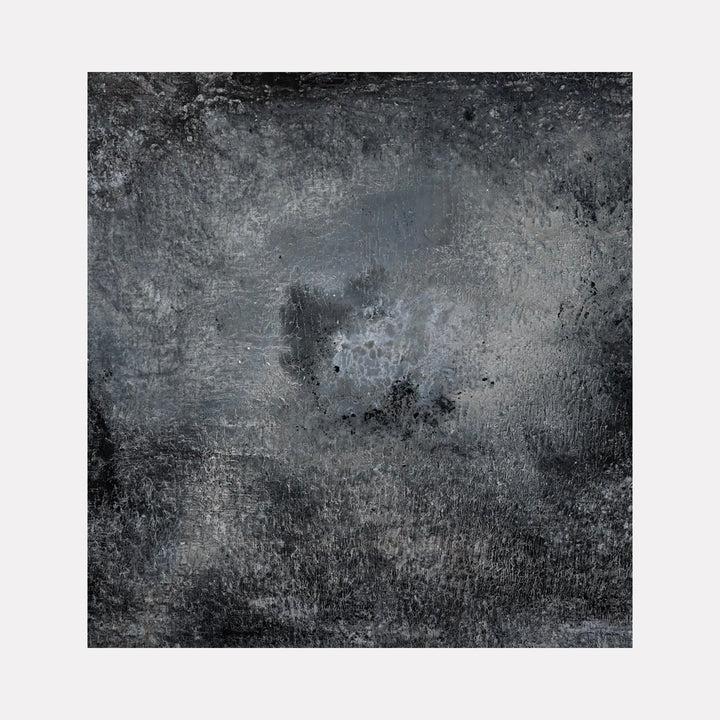 The artwork "#94" by Nathan Aufrichtig features a textured abstract landscape in muted black and gray tones, with subtle gradients creating depth and atmospheric effects. The layered, rough surface evokes a moody, introspective feeling reminiscent of Gerhard Richter’s abstract works and the minimalist textures found in Mark Rothko’s darker color fields.