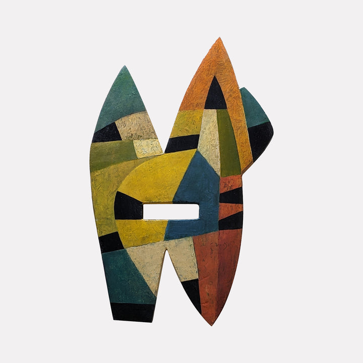 #9 by David Wellner features an abstract, asymmetrical form with layered geometric shapes in muted earth tones of green, yellow, orange, and deep blue. The textured surface and interplay of color blocks create a dynamic sense of movement and balance, evoking a modern and thoughtful artistic expression.