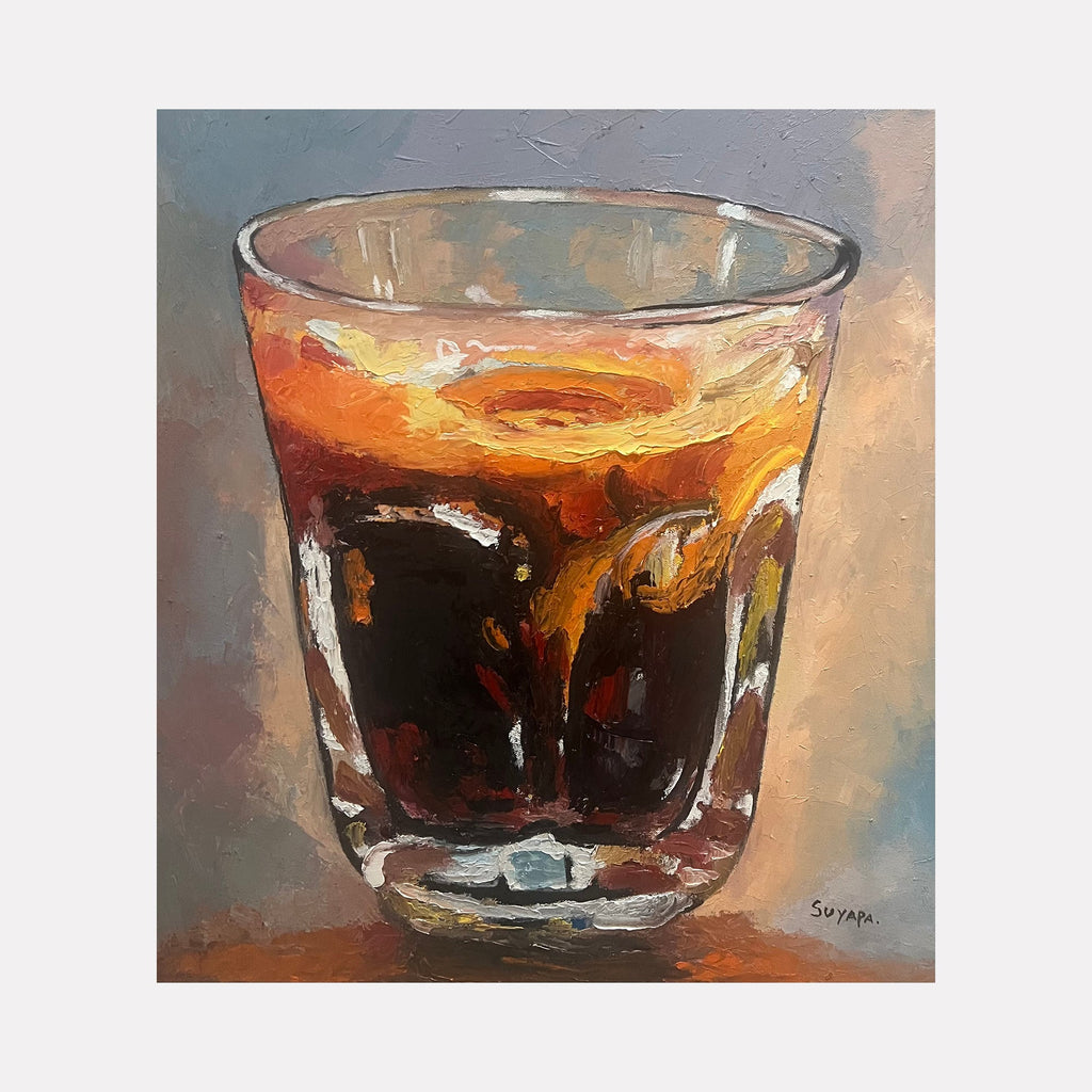 The artwork "A Taste of Temptation" by Suyapa Quinn features a close-up expressionist painting of a glass filled with dark liquid and vibrant amber tones. The textured brushstrokes and rich color contrasts evoke the tactile quality and emotional intensity reminiscent of works by CÃ©zanne and early impressionists, capturing a still life moment with a modern twist.