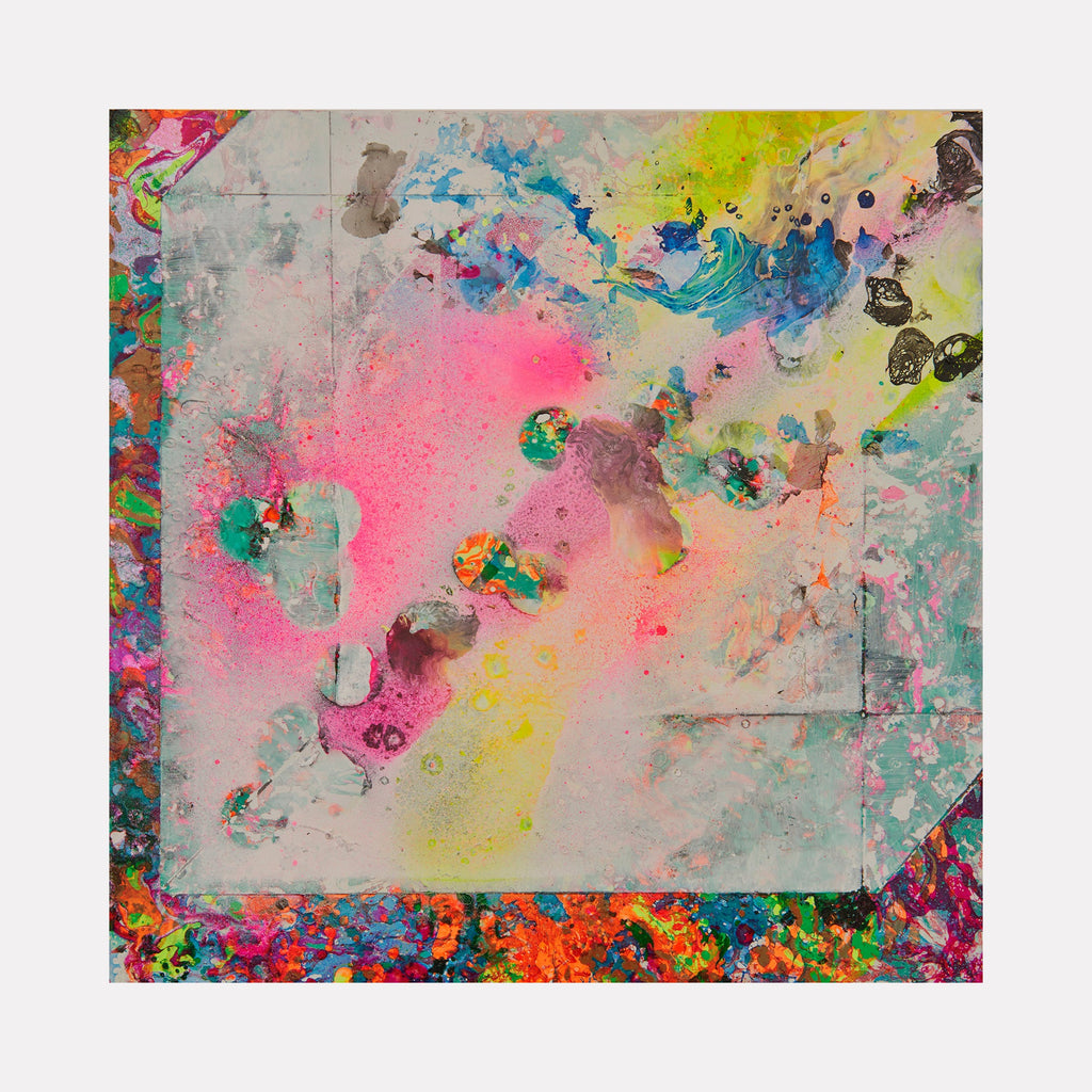 The artwork 'Angels Box Delivery' features an abstract composition with vibrant splashes of pink, yellow, and turquoise paint against a soft gray background. Dynamic paint splatters and organic shapes create a dreamy, ethereal effect, while mixed media techniques combine spray paint and gouache for textural depth on wood. Created by Millie Benson.