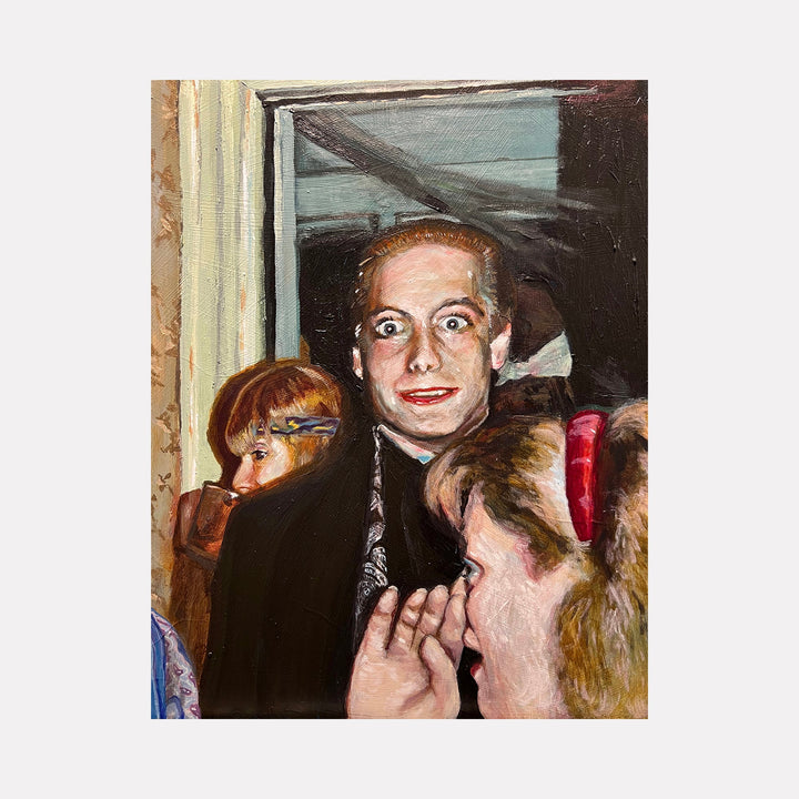 The artwork "The Power of Suggestion (Archival Memory 19)" by Griffin Cordell features a figurative scene with three people rendered in rich, textured brushstrokes and warm browns, reds, and muted blues. The expressive faces and intimate composition evoke the psychological depth and narrative style reminiscent of Edward Hopper and Lucian Freud’s portraiture.