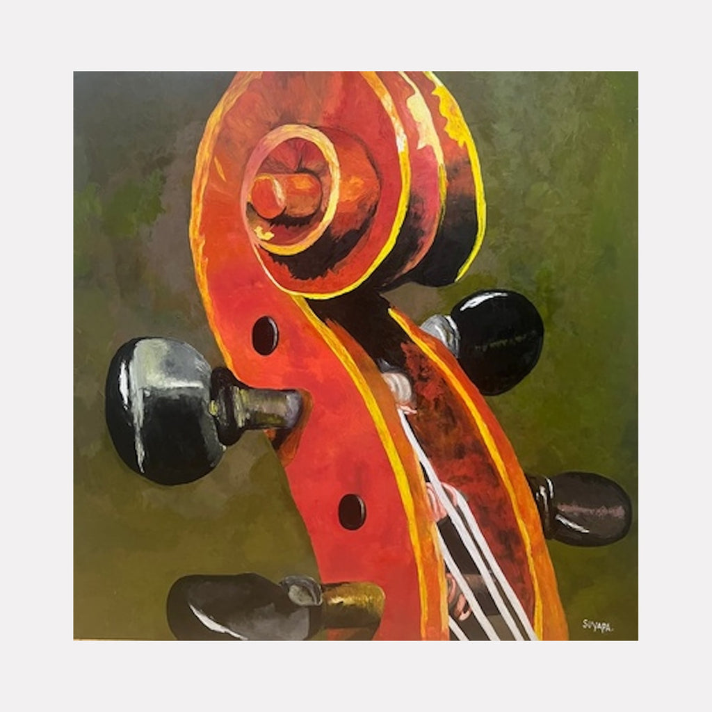 The artwork "Dance with Me" by Suyapa Quinn captures a close-up view of a violin's scroll and tuning pegs in rich reds, blacks, and warm yellows against a muted green background. The detailed textures and bold contrasts evoke the intimate realism of John Singer Sargent and the vibrant still life qualities found in works by Henri Matisse.