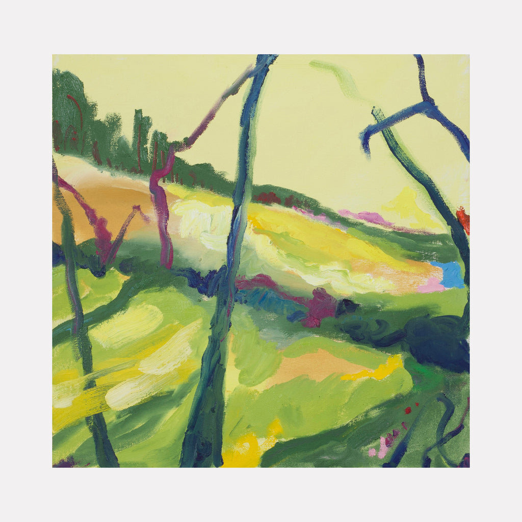 The artwork "Early Spring" by Hana Yoshikawa depicts a serene landscape with vibrant brushstrokes in soft greens, yellows, and hints of lavender, featuring slender, abstract tree forms against a warm, pale sky. The painting’s expressive style recalls the color harmonies of Emily Carr and the fluid brushwork of early Henri Matisse.