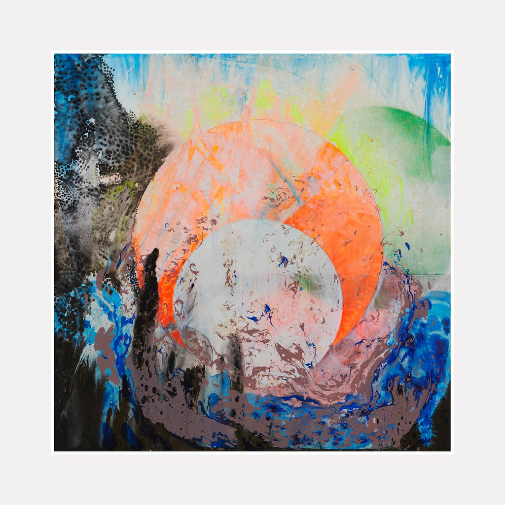 The artwork 'Eclipse' by Millie Benson features a vibrant abstract composition with a large orange and gray circular form reminiscent of a celestial eclipse. Dynamic brushstrokes in electric blue, soft green, and black create a swirling cosmic atmosphere, while textured paint techniques add depth and movement using gouache and spray paint on wood.