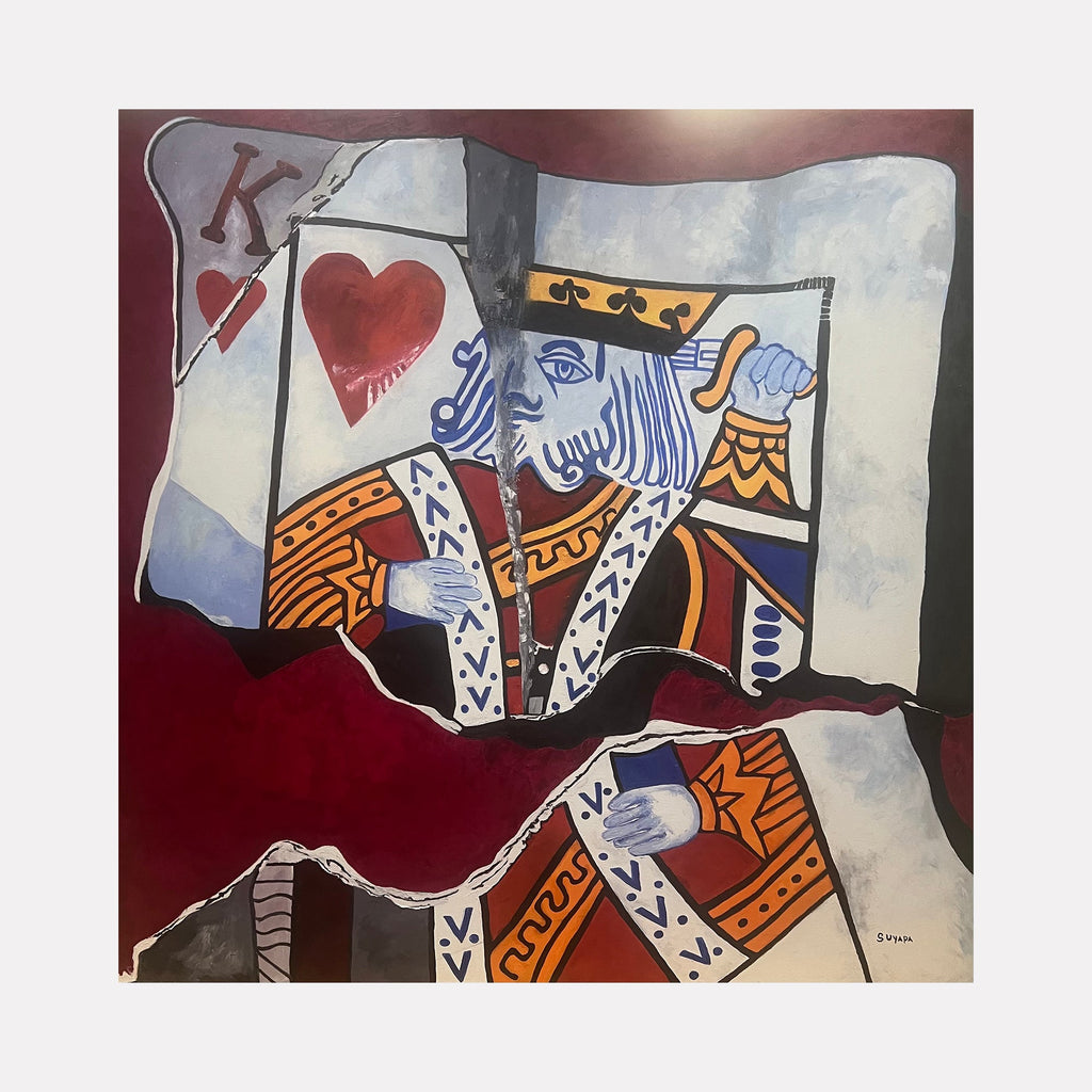 The artwork "Found Fortune" by Suyapa Quinn features a fragmented depiction of the King of Hearts playing card, split across jagged tears revealing deep red and muted gray backgrounds. The bold lines, stylized forms, and contrasting color blocks evoke a pop art sensibility reminiscent of Roy Lichtensteinâ€™s comic-inspired works and the layered collage effects of Robert Rauschenberg.