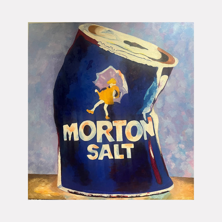 The artwork "Gallon of Tears" by Suyapa Quinn features a figurative painting of a distorted Morton Salt container in deep blues and whites against a textured, muted lavender and beige background. The bold, graphic style and playful deformation evoke pop art influences reminiscent of Andy Warholâ€™s iconic consumer imagery and Claes Oldenburgâ€™s sculptural commentary on everyday objects.