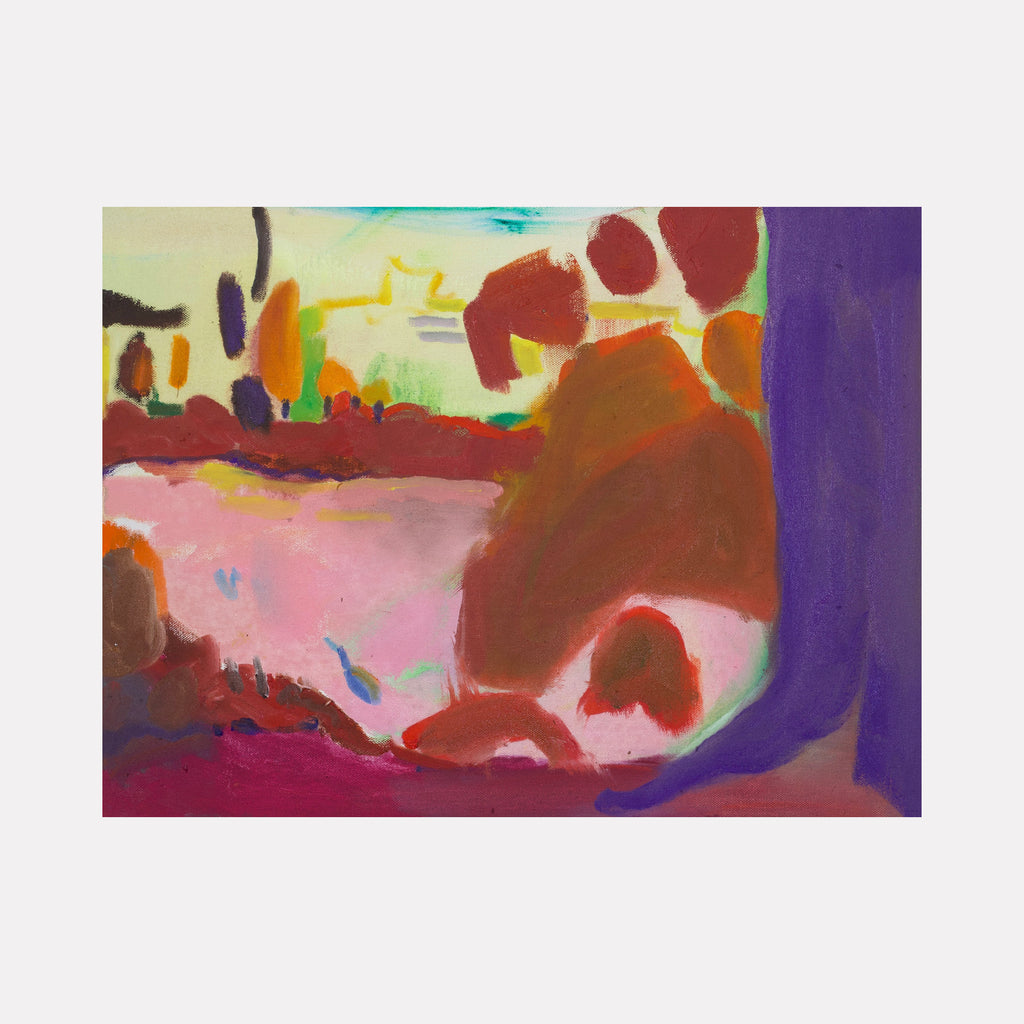 The artwork "Goose" by Hana Yoshikawa features an abstract landscape composed of soft, amorphous shapes in warm browns, muted pinks, bright yellows, and deep purples. The textured brushstrokes and fluid, layered forms evoke the atmospheric abstraction of Mark Rothko alongside the organic softness reminiscent of Helen Frankenthaler's color field paintings.