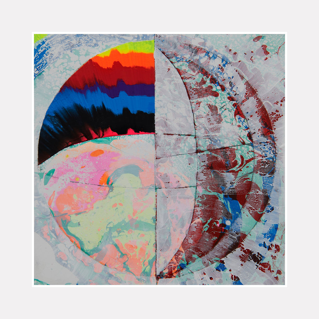 The artwork 'Layers of the Moon' features a striking lunar composition split into two distinct sections. The left side displays vibrant bands of orange, red, and deep blue, while the right shows textural burgundy and blue splatters on a silvery grey background. Created with gouache, spray paint, and conte crayon on wood by Millie Benson.