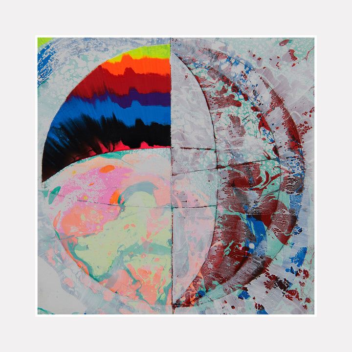 The artwork 'Layers of the Moon' features a striking lunar composition split into two distinct sections. The left side displays vibrant bands of orange, red, and deep blue, while the right shows textural burgundy and blue splatters on a silvery grey background. Created with gouache, spray paint, and conte crayon on wood by Millie Benson.