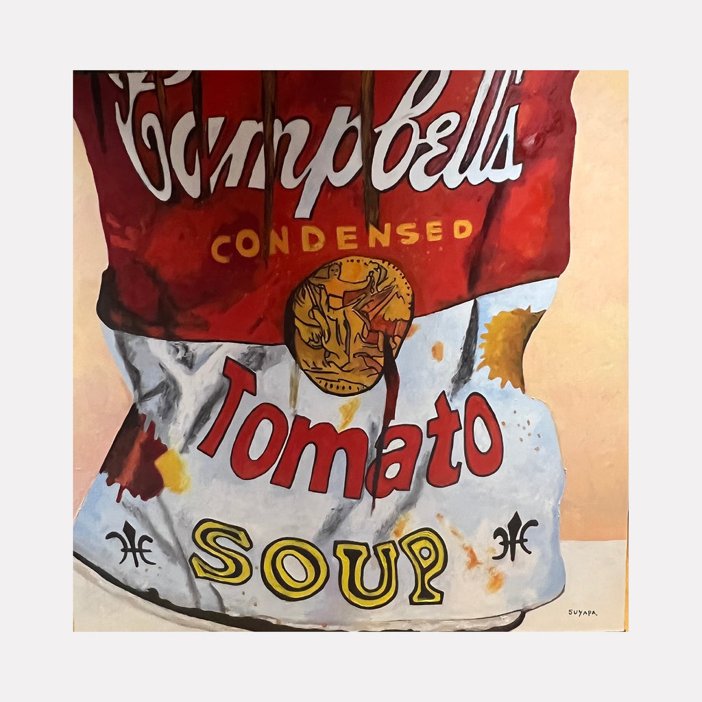 The artwork "Minty Fresh" by Suyapa Quinn features a close-up, stylized depiction of a crushed Campbell's tomato soup can rendered in bright reds, whites, and yellows against a muted beige background. The textured paint and pop art influence evoke the iconic imagery of Andy Warhol, blending bold graphic elements with expressive detail.