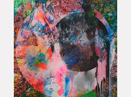 Mirror Eye with Black Hole by Millie Benson features a vibrant abstract circular composition with a dark void center. Explosive coral, neon pink, and electric blue tones radiate outward, while dripping paint effects and textural elements created with gouache and spray paint create dynamic movement. Green accents and metallic shadows complete this contemporary mixed-media canvas artwork.