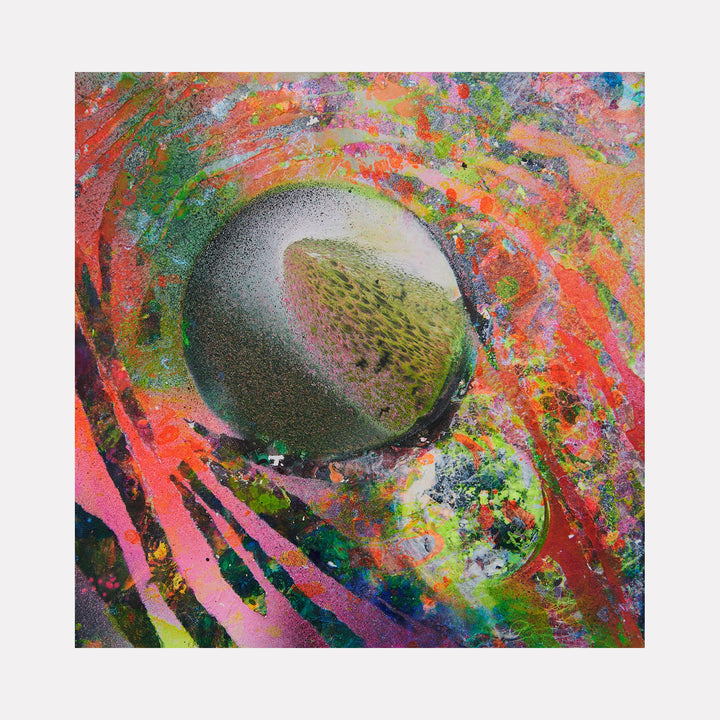 Mother and Child by Millie Benson features a striking spherical form against a vibrant abstract background. The central orb appears metallic with a textured surface, surrounded by dynamic brushstrokes in coral, green, and yellow hues. Mixed media techniques create energetic splashes and sweeping patterns, combining gouache, spray paint, and conte crayon on wood panel.