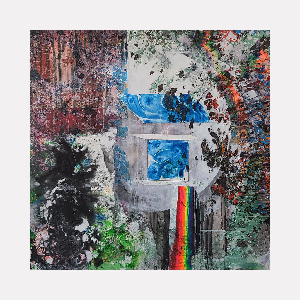 The artwork 'My Body Was a House' by Millie Benson features an abstract composition with vibrant splashes of color. A central blue window-like shape stands amid textural layers of black, red, and green paint. A striking rainbow stripe cuts vertically through grey tones, while expressive brushstrokes and spray paint create dynamic movement across the 48-inch square canvas.