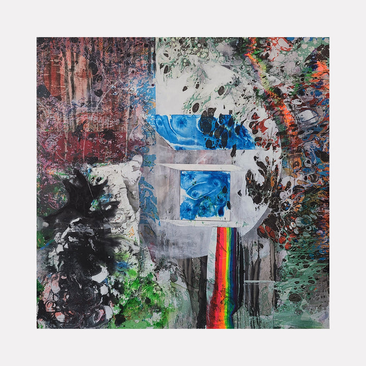 The artwork 'My Body Was a House' by Millie Benson features an abstract composition with vibrant splashes of color. A central blue window-like shape stands amid textural layers of black, red, and green paint. A striking rainbow stripe cuts vertically through grey tones, while expressive brushstrokes and spray paint create dynamic movement across the 48-inch square canvas.