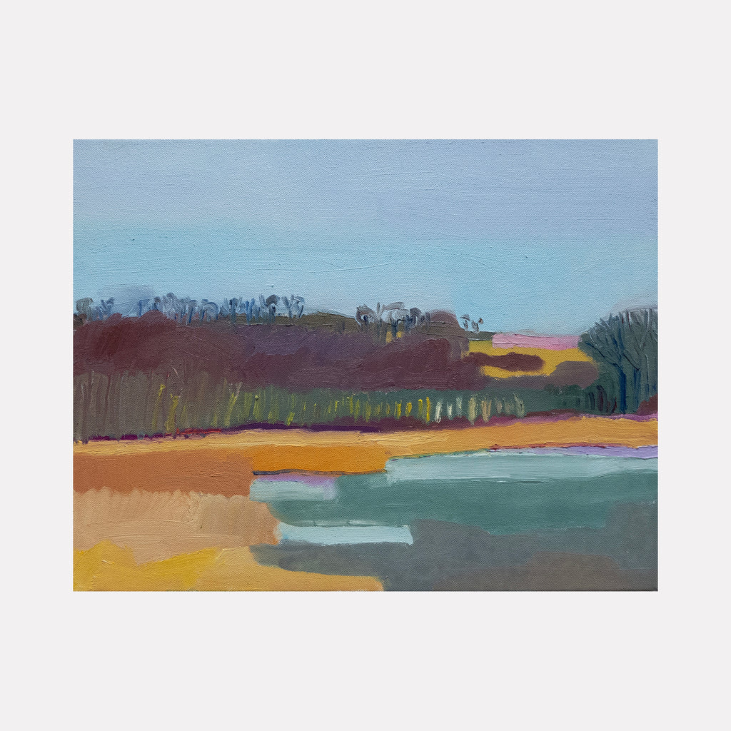 The artwork "Ottercreek in Stanfordville" by Hana Yoshikawa depicts a peaceful New York landscape with layered horizontal fields in warm ochres, muted purples, and soft greens beneath a pale blue sky. The abstracted forms and subtle color transitions suggest the serene atmosphere found in the works of Richard Diebenkorn and early Milton Avery.