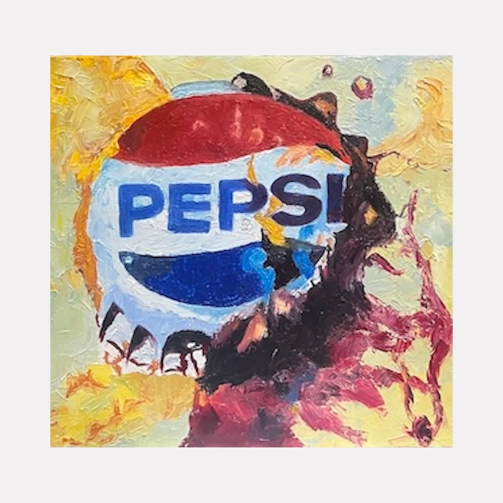 The artwork "Pop Culture Seal" by Suyapa Quinn features a textured, painterly depiction of a vintage Pepsi bottle cap with vibrant red, blue, and white hues. The dynamic brushstrokes and layered colors evoke the energetic, fragmented style of pop art pioneers like Andy Warhol and Robert Rauschenberg, blending commercial imagery with abstract expressionism.