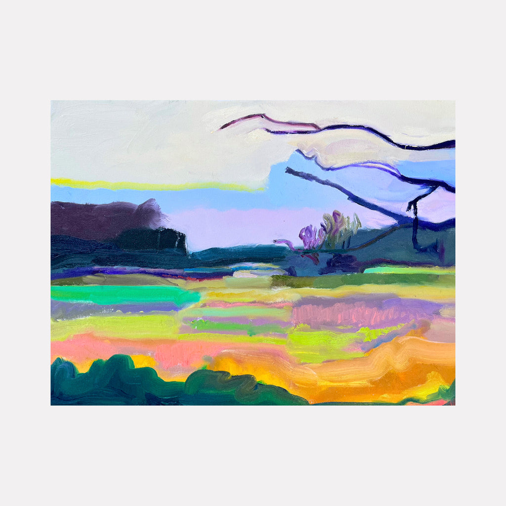 The artwork "Sorbet" by Hana Yoshikawa features a vibrant abstract landscape with layered fields of pastel pinks, purples, greens, and yellows. Broad, flowing strokes create organic shapes that suggest natural scenery, evoking the lyrical abstraction of Helen Frankenthaler and the emotive color planes reminiscent of Mark Rothko.