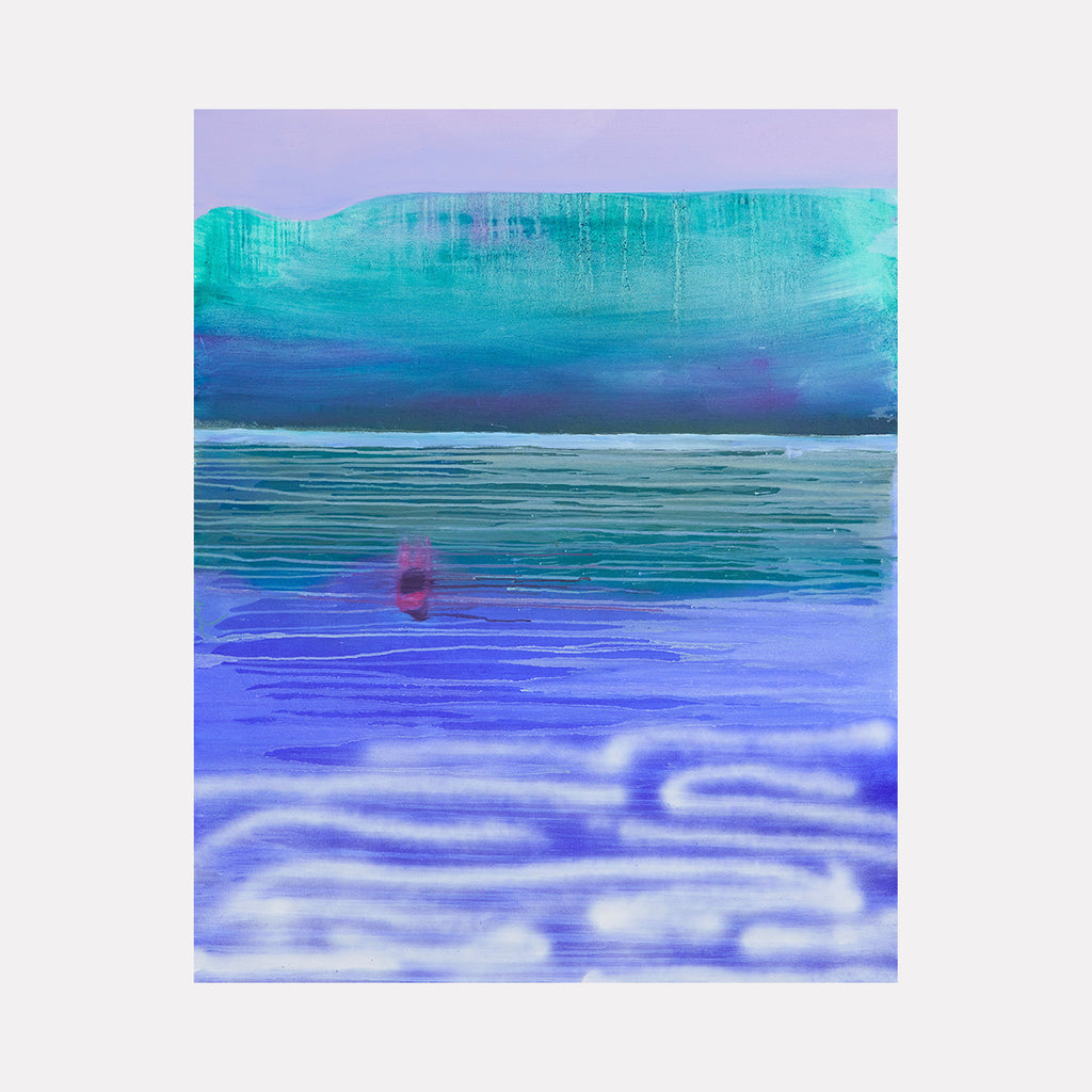 The artwork "Specular Reflection" by Hana Yoshikawa features layered horizontal bands in cool blues, teals, and soft purples, accented by fine linear textures and diffuse, misty white forms. The abstract composition evokes the luminous atmospheres and subtle reflections reminiscent of Mark Rothko and Helen Frankenthaler’s color field explorations.