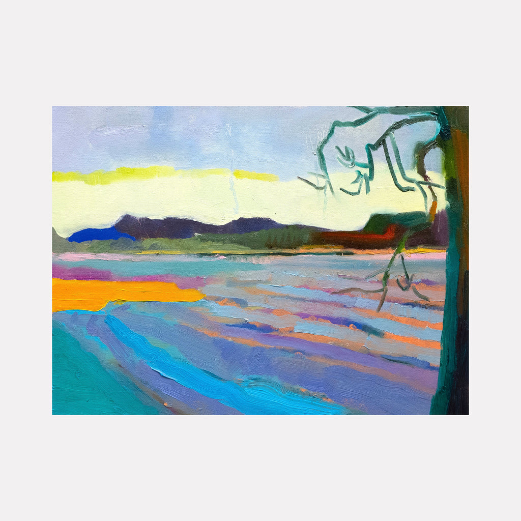 The artwork "Spoondrift" by Hana Yoshikawa presents an abstract New York landscape with layered horizontal bands of soft blues, purples, and warm oranges. Expressive brushstrokes and fluid forms evoke the atmospheric color fields of Mark Rothko and the gestural abstraction reminiscent of Helen Frankenthaler's natural scenes.