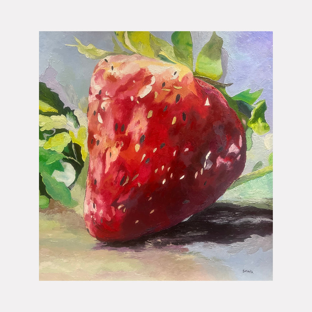 The artwork "Sweetness in Ruin" by Suyapa Quinn features a close-up, realistic depiction of a single ripe strawberry with rich red hues and detailed seeds, set against a soft, muted background of green leaves and gentle shadows. The painterly texture and vibrant color evoke the still life traditions of Robert Mapplethorpeâ€™s vivid realism and the intimate naturalism seen in works by Giorgio Morandi.