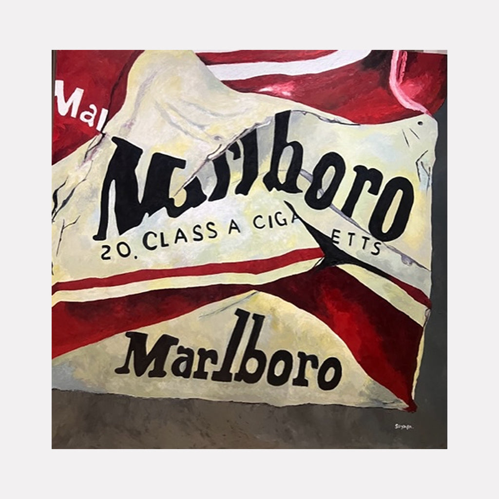 The artwork "Tighten Up" by Suyapa Quinn features a close-up, textured painting of a crumpled Marlboro cigarette pack, rendered in bold reds, whites, and blacks. The rich, tactile brushstrokes and distorted typography evoke the photorealism and pop art sensibilities reminiscent of Chuck Close and Andy Warhol.