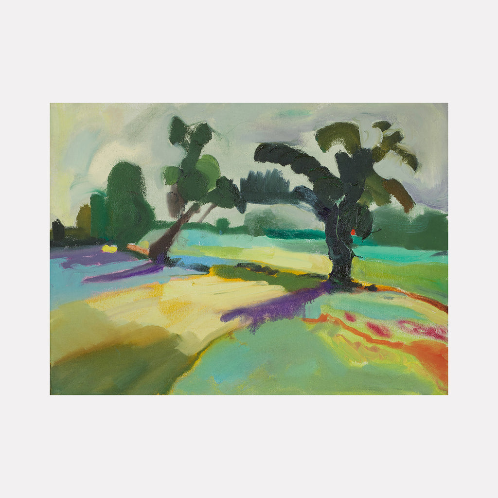 The artwork "Tree Arch" by Hana Yoshikawa captures an abstracted New York landscape with expressive brushstrokes in deep greens, muted blues, soft yellows, and purples. Bold, curved tree forms cast dynamic shadows across a vibrant, textured field, evoking the emotional color landscapes of early Wassily Kandinsky and the gestural fluidity of Arshile Gorky.