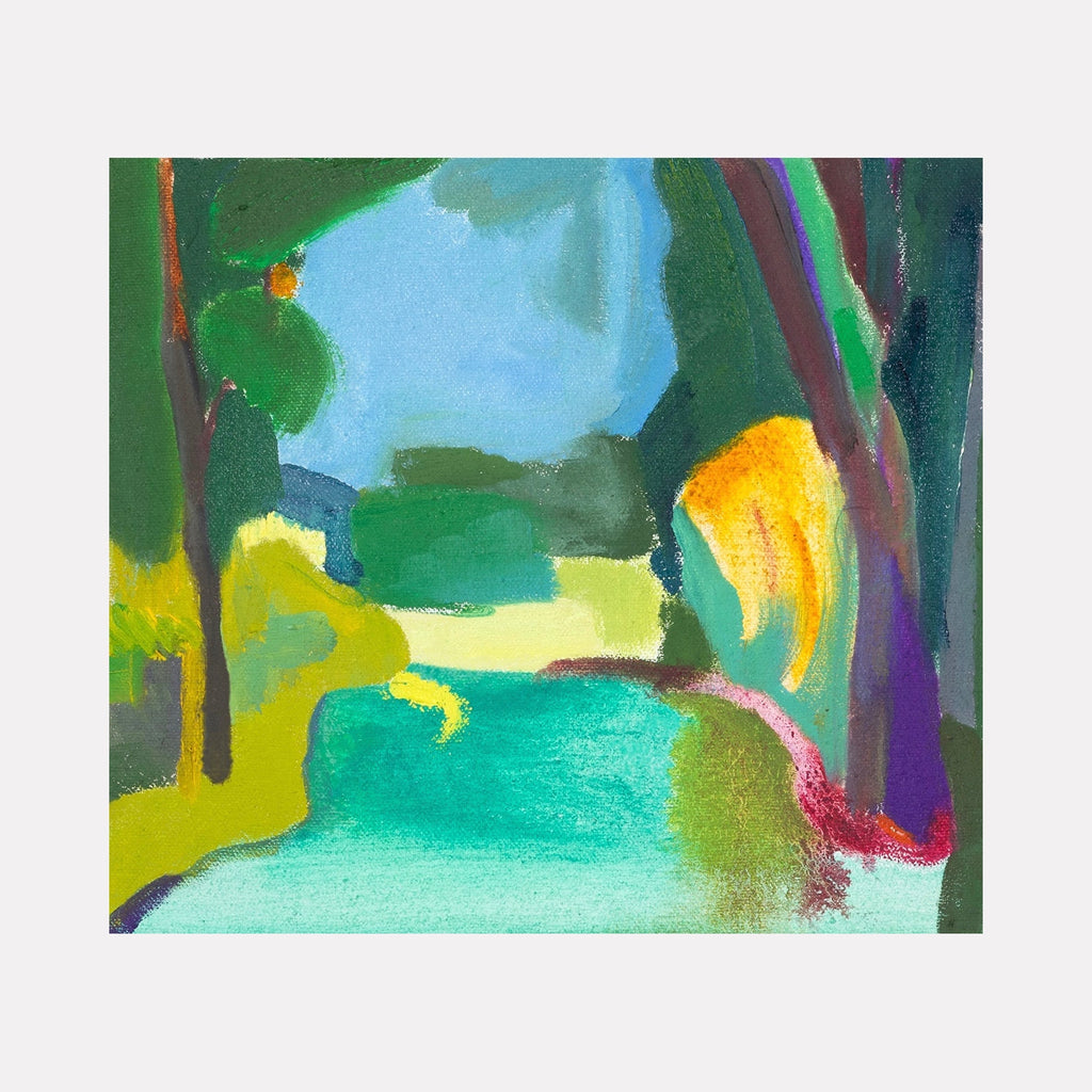 The artwork "Tree Tunnel" by Hana Yoshikawa presents an abstracted nature scene with vibrant shades of green, turquoise, and yellow punctuated by bold purple and orange strokes. The fluid shapes and layered textures evoke the atmospheric abstractions of Helen Frankenthaler and the expressive color fields of Richard Diebenkorn.