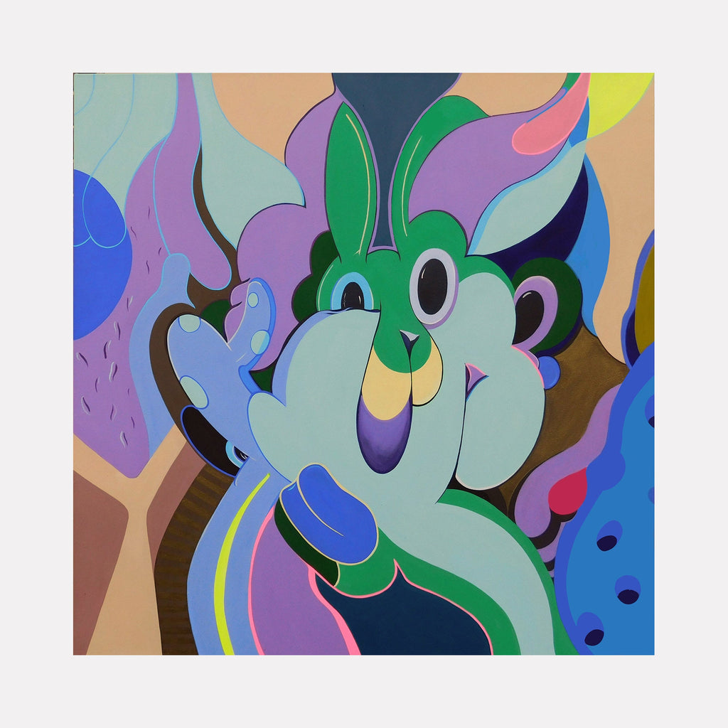 The artwork 'Trix' by Ellannah Sadkin features a whimsical cartoon rabbit rendered in vibrant mint green with emerald accents, set against a psychedelic background of flowing curves in purple, blue, and peach tones. The playful character is illustrated in a modern pop art style, with bold outlines and smooth acrylic finish on canvas.